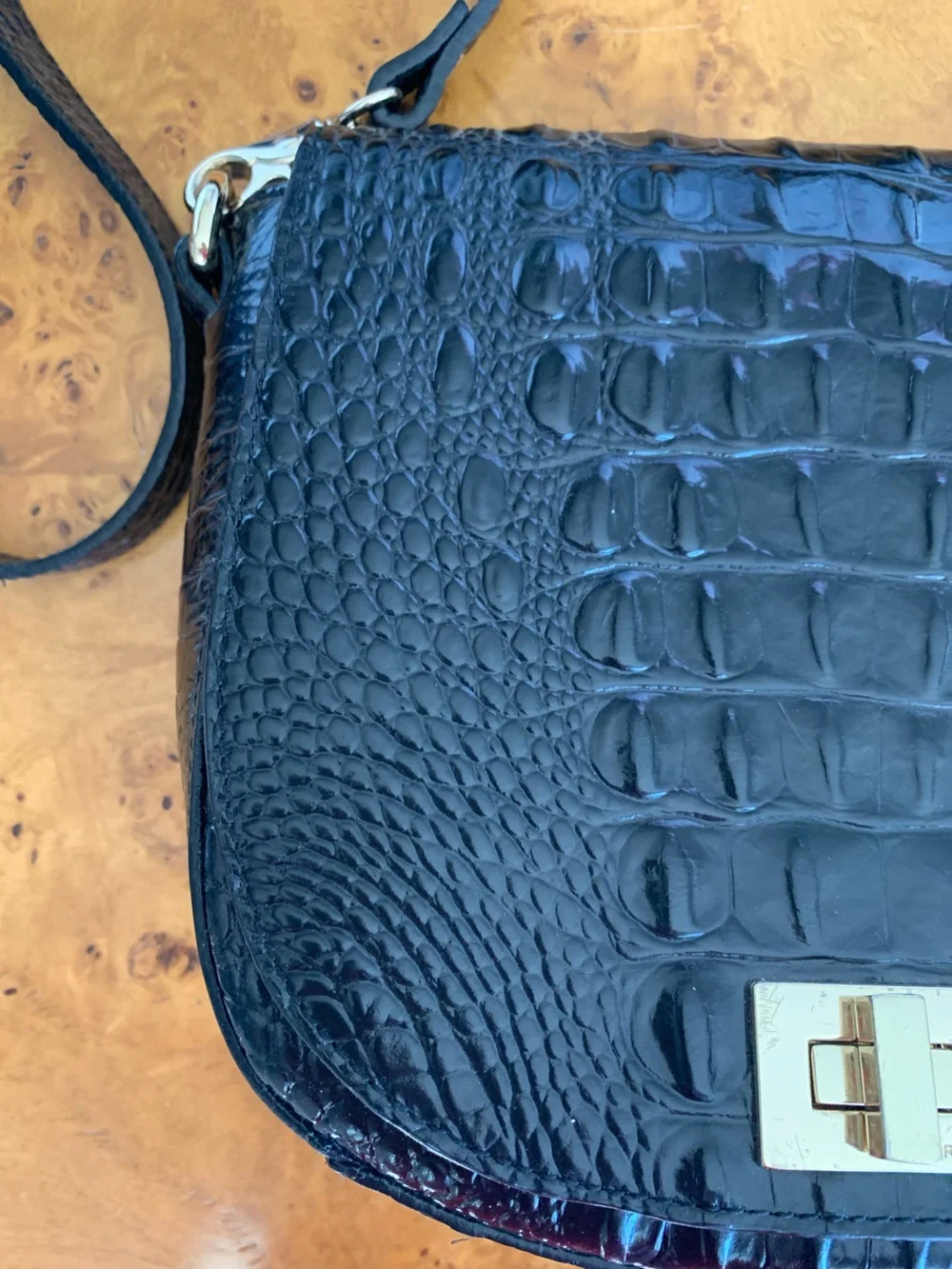 Brahmin Black Croc-Embossed Crossbody with Turn-Lock